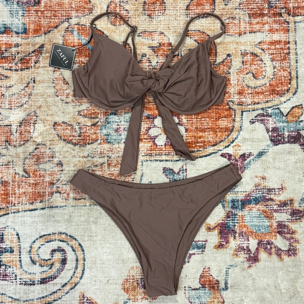 ZAFUL‎ Brown Underwire Front Tie Bikini Set High Cut Two Piece Swimsuit NEW